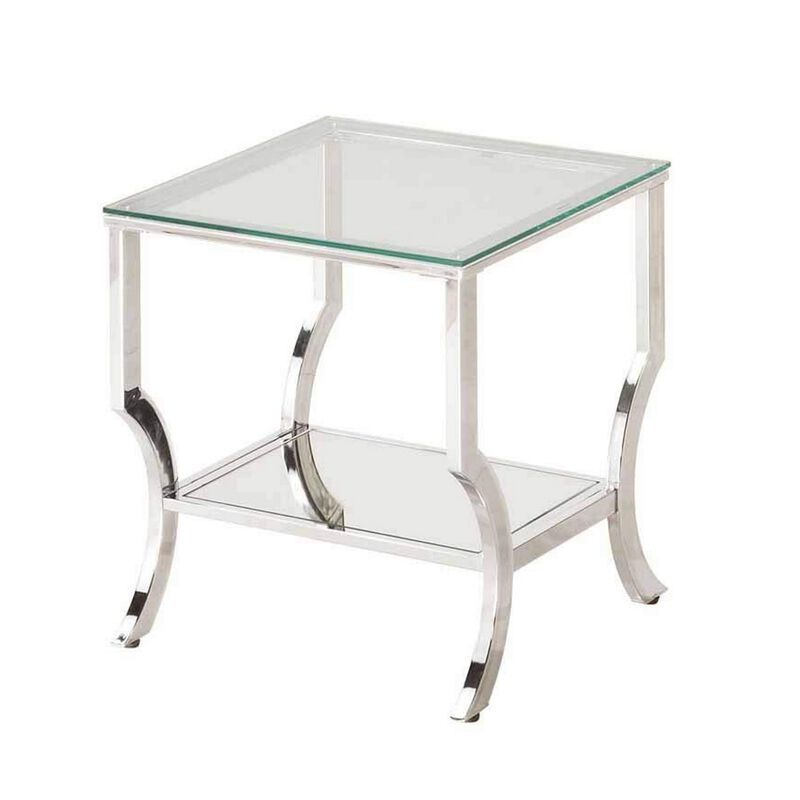 Glass Top End Table with Mirrored Bottom Shelf, Clear and Silver-Benzara