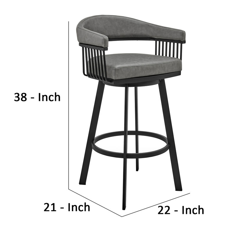 Swivel Barstool with Open Design Metal Frame and Slatted Arms, Gray and Black-Benzara