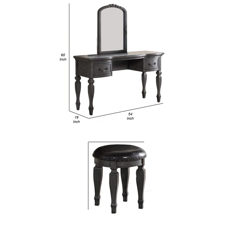 3 Piece Vanity Set with Carved Mirror and Turned Legs, Gray-Benzara