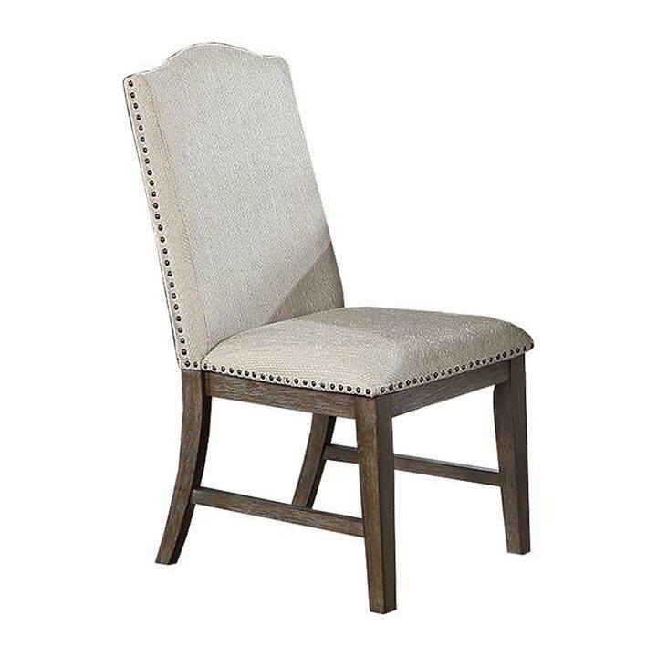 Alex Dining Side Chair Set of 2, High Back, Nailhead Brown Wood, Beige - Benzara