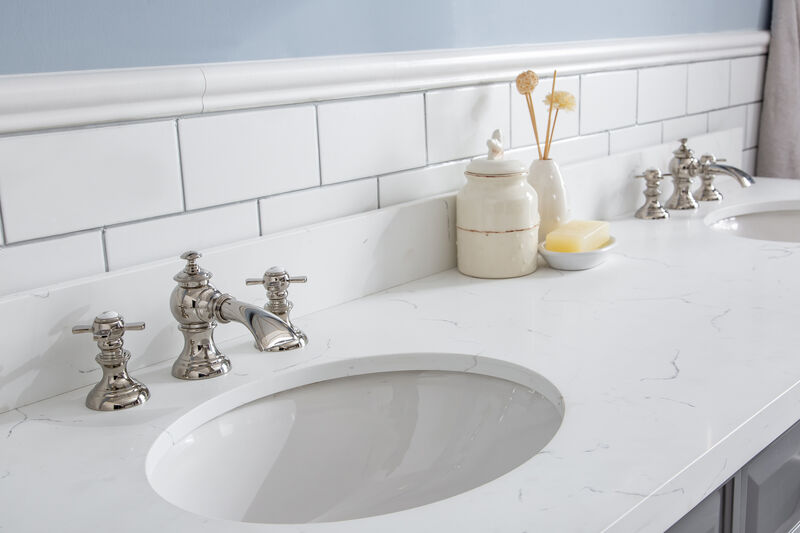Palace 72 In. Double Sink Carrara Quartz Countertop Bath Vanity in Cashmere Grey with Polished Nickel (PVD) Hardware and Waterfall Faucets
