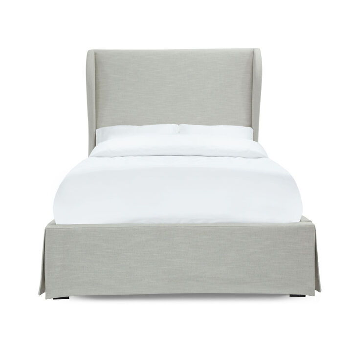Shia Upholstered Storage Queen Bed, Wing Headboard, Skirted Panel, Beige - Benzara