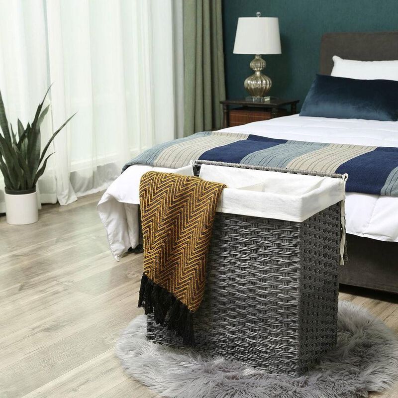 PP Rattan 29-Gal Laundry Hamper Basket with 2-Compartment Washable Liner Bag