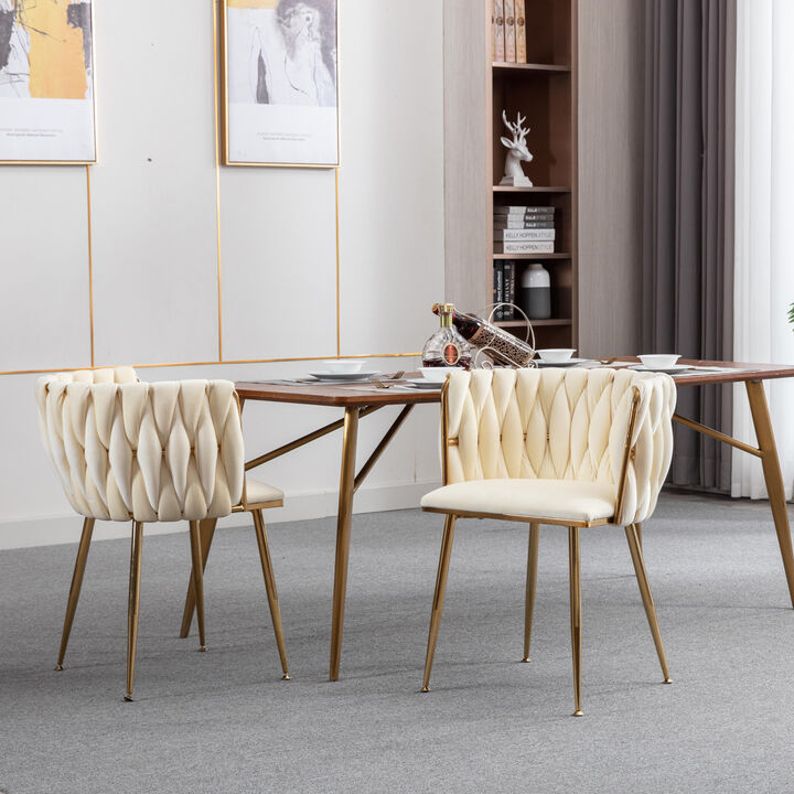 Modern Design Metal Frame Velvet Fabric Dining Chair With Legs, Set Of 2, Ivory