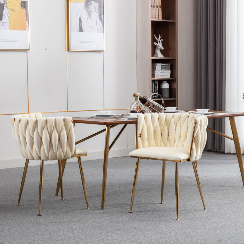Modern Design Metal Frame Velvet Fabric Dining Chair With Legs, Set Of 2, Ivory