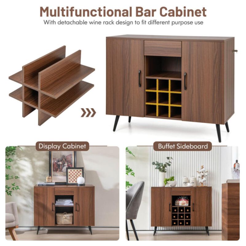 Hivvago Mid-century Modern Buffet Sideboard Server Cabinet with 9-Bottle Wine Rack-Walnut