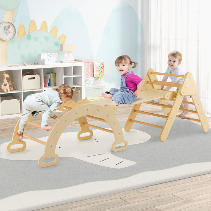 2-in-1 Wooden Kids Climber Toys with Triangle Arch Ramp