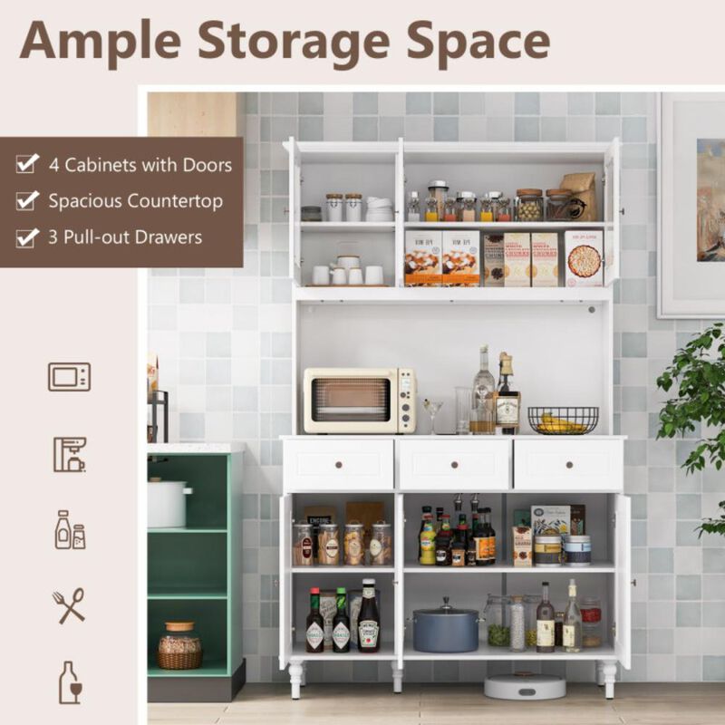 Hivvago 77 Inches Kitchen Pantry Storage Cabinet with LED Lights and Power Outlets-White
