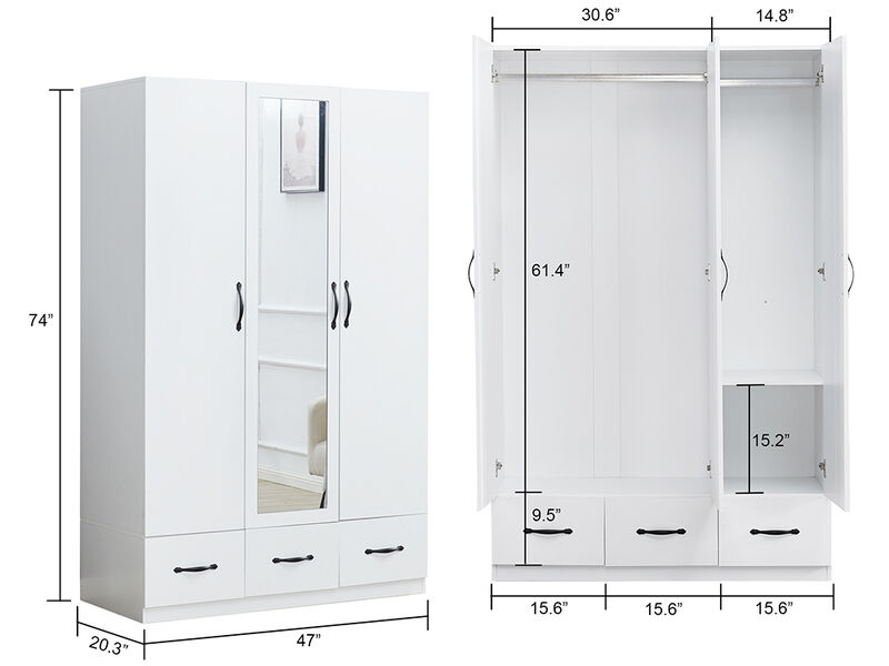 White Armoire Wardrobe Closet with 3 Doors Wooden Bedroom Armoires Clothes, Wood Wardrobe Closets Storage Cabinet with Hanging Rod Shelves Drawers Closets