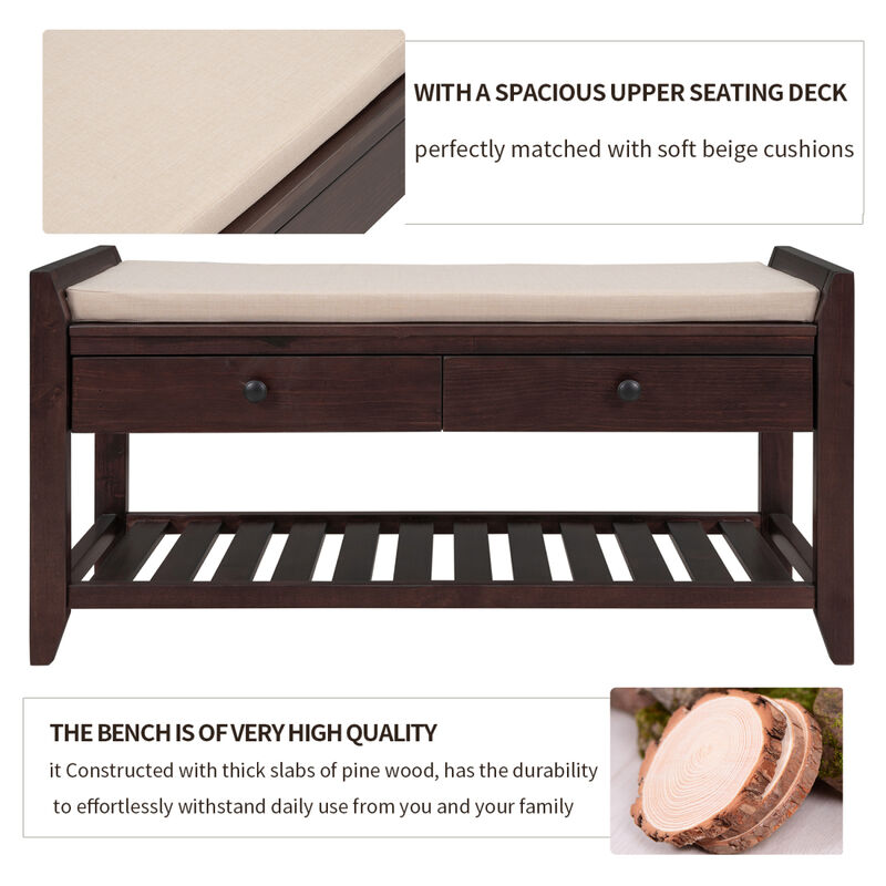 Shoe Rack With Cushioned Seat And Drawers, Multipurpose Entryway Storage Bench (Espresso)