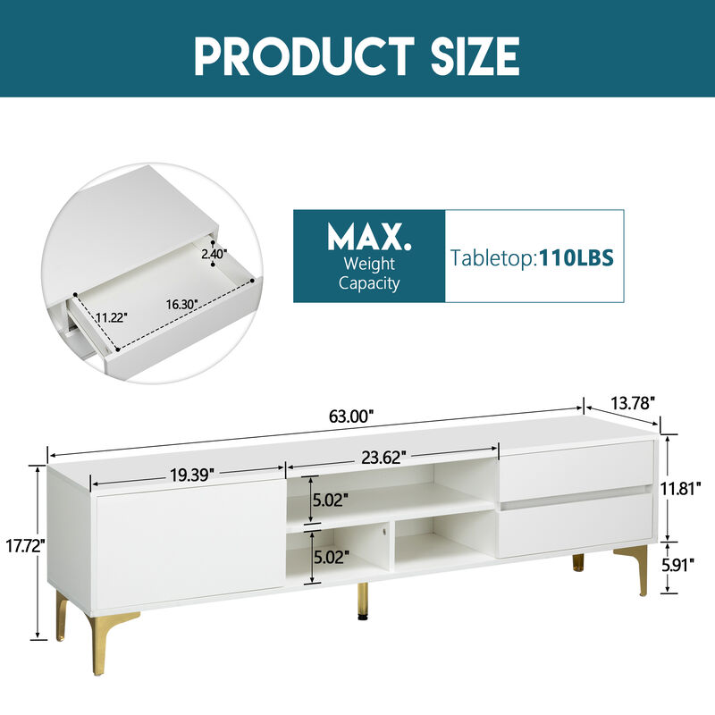 White TV stand with LED lights and gold legs