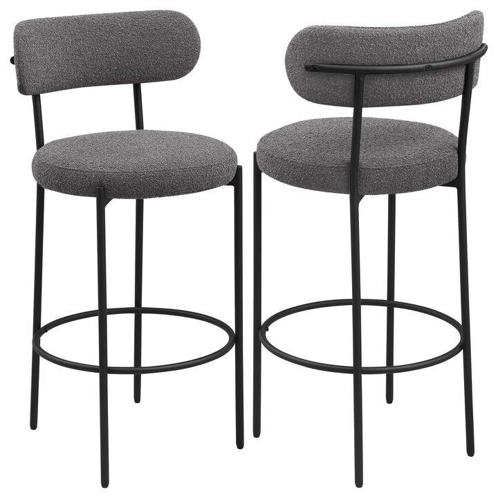 Winona Bar Chair Set of 2, Gray Boucle Fabric, Black Metal 30 Inch - Benzara