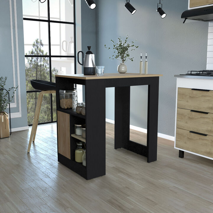 DEPOT E-SHOP Masset Kitchen Island 36" H with Side Shelves and Push-to-Open Cabinet, Black / Natural Oak