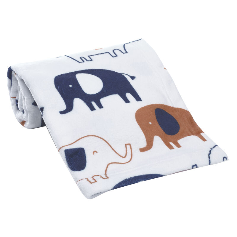 Lambs & Ivy Playful Elephant White/Blue Printed Fleece Baby Blanket