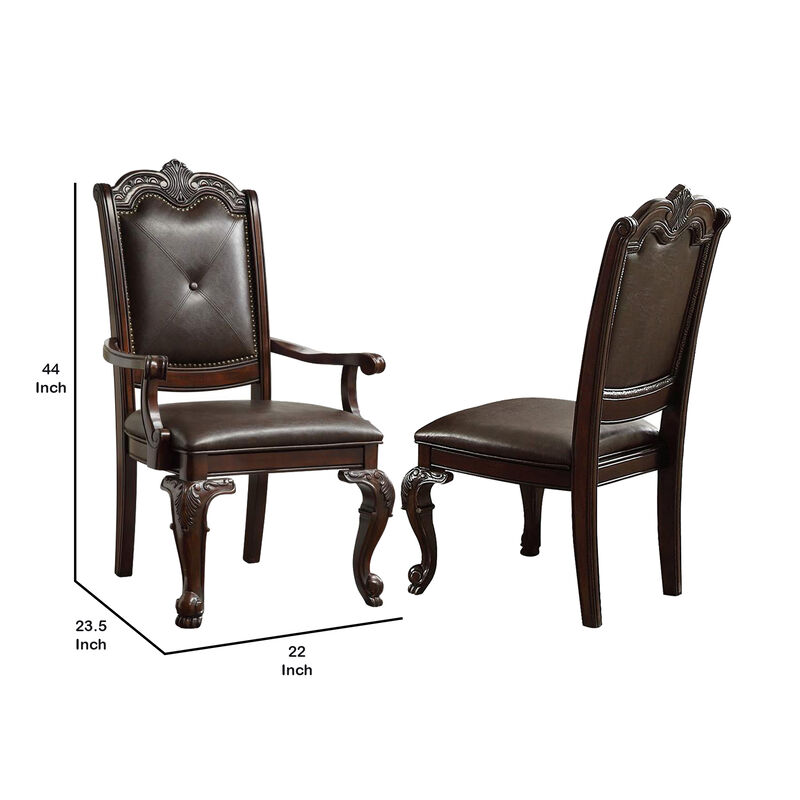 Crowned Top Wooden Side Chair with Leatherette Seating, Set of 2, Dark Brown-Benzara