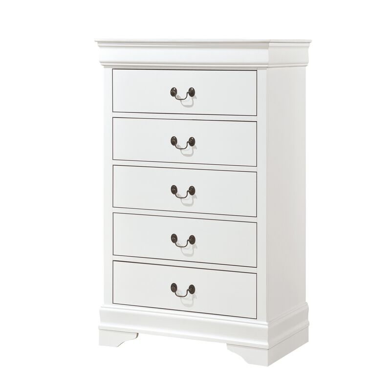 Vele 49 Inch Tall Dresser Chest, 5 Drawers, Brass Tone Metal, White Wood - Benzara