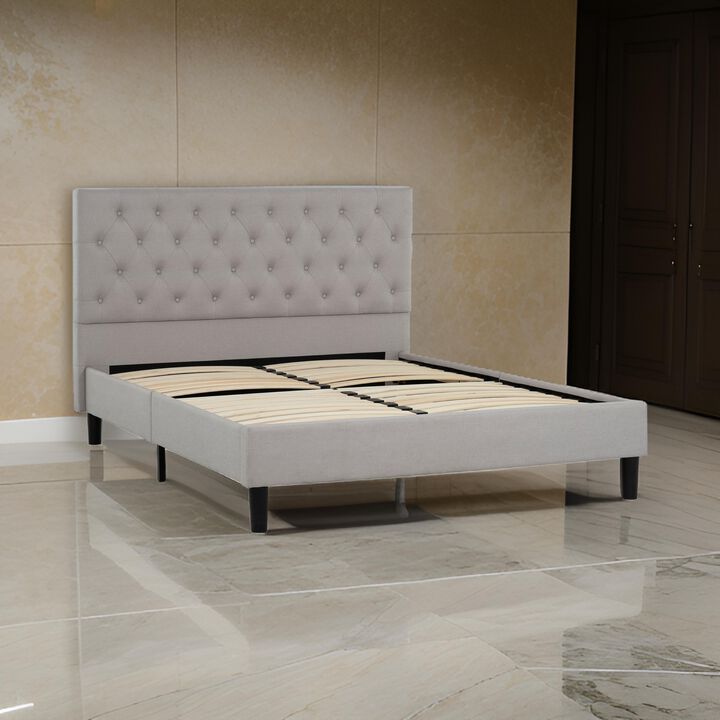 Ani Queen Size Platform Bed, Cushioned Tufted Gray Polyester Upholstery - Benzara
