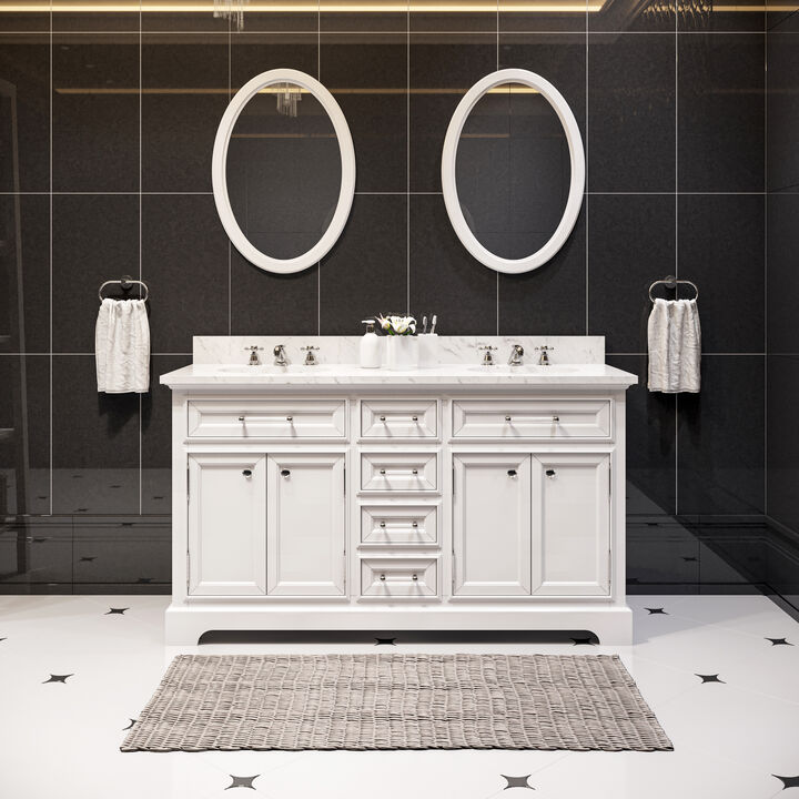 Derby 60 In. Double Sink Carrara White Marble Countertop Bath Vanity In Pure White