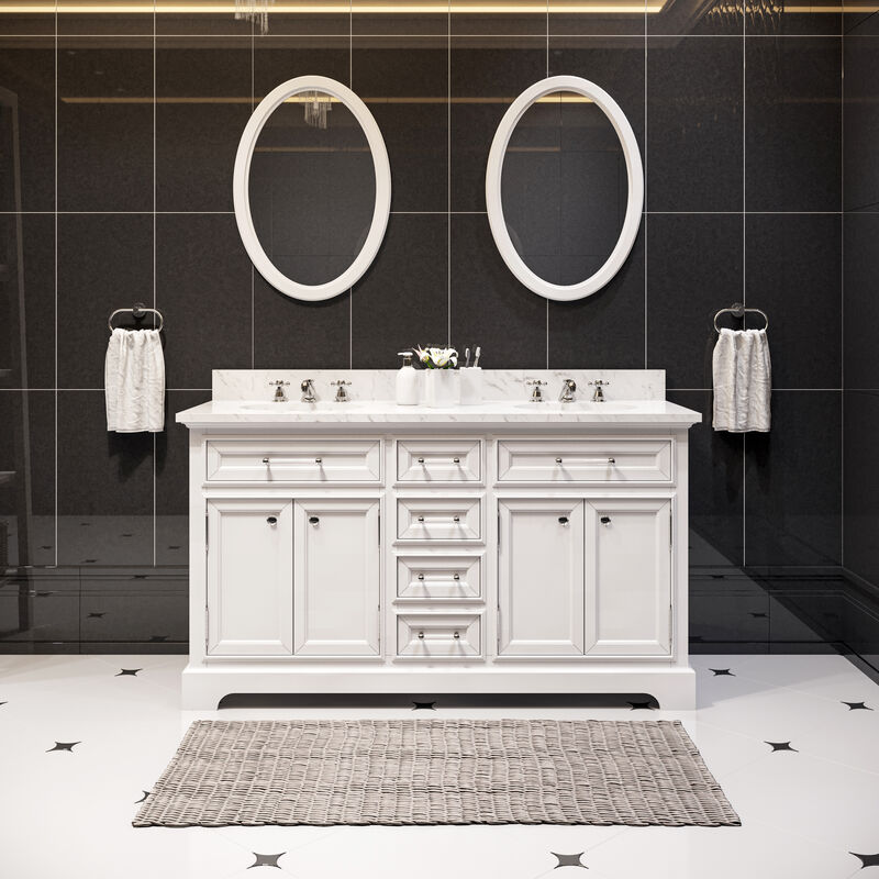 Derby 60 In. Double Sink Carrara White Marble Countertop Bath Vanity In Pure White