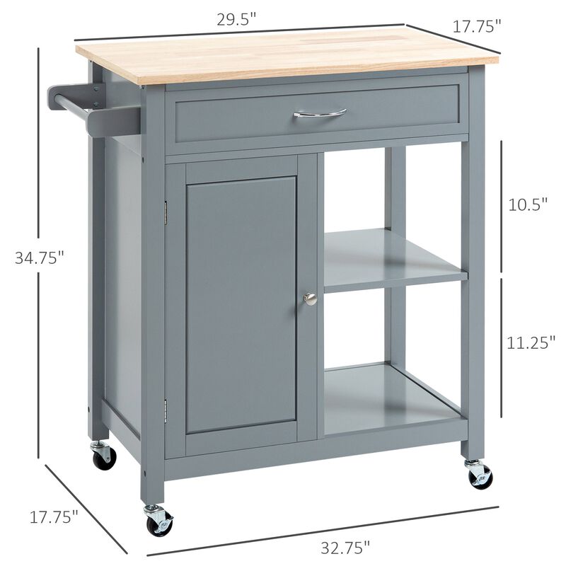 Gray Kitchen Trolley: Utility Cart with Wood Top & Drawer