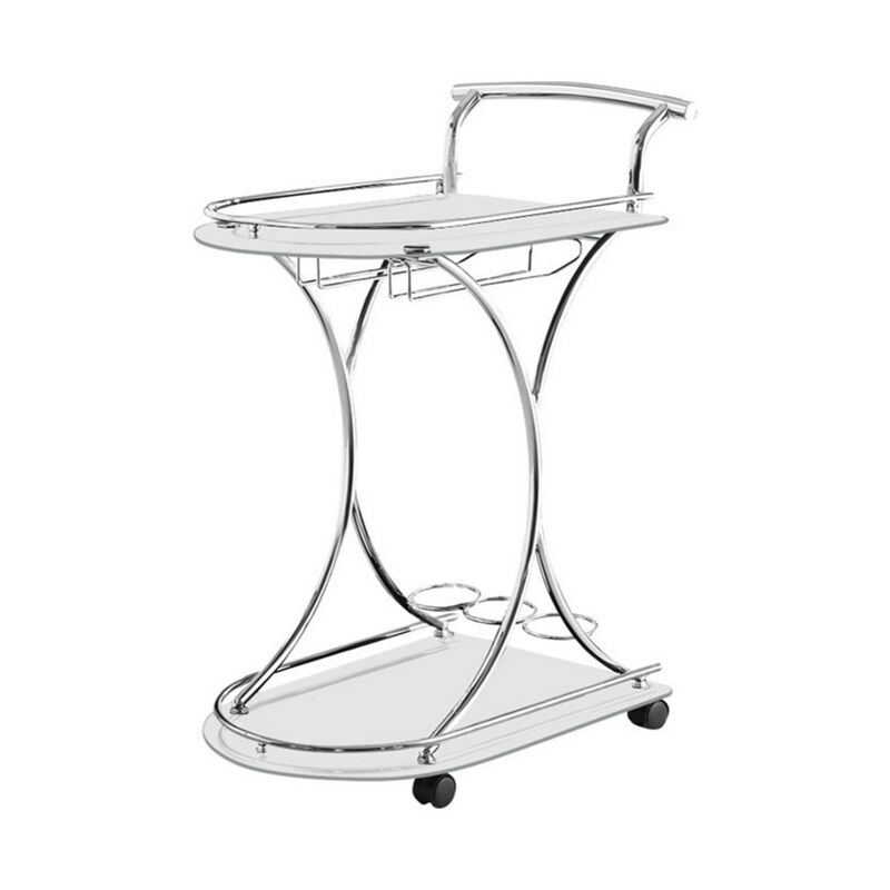 Captivating Serving Cart With 2 Frosted Glass Shelves, Silver-Benzara