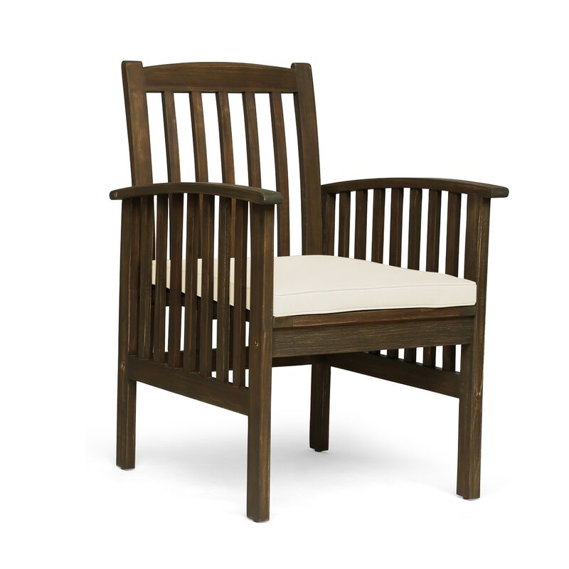 Gerry Dining Chair, Outdoor Traditional Slatted Gray Acacia Wood, Cream - Benzara