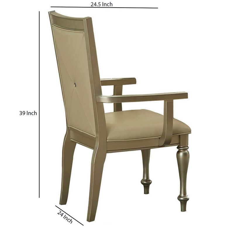 Wooden Arm Chair with Crystal Tufted Leatherette Backrest, Silver-Benzara