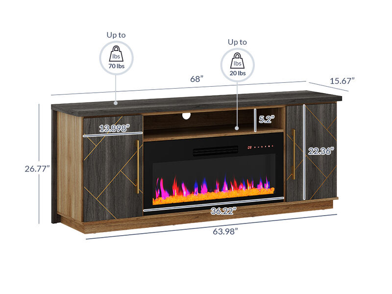 BELLEZE 68 Inch Electric Fireplace TV Stand With Gold Grim, Elegant Entertainment Center With Storage, Media Console With Drawers & Open Shelves for Living Room, Bedroom Home Theater (Espresso Black)