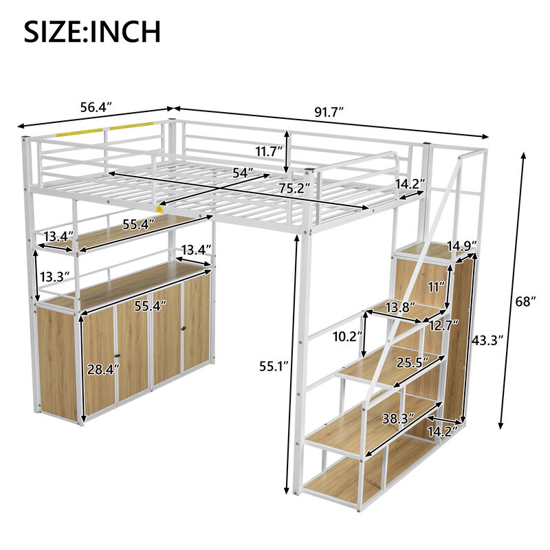 Merax Metal Loft Bed with Storage Staircase and Wardrobe