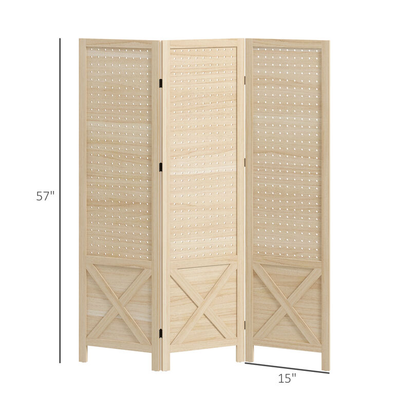 4 Panel Pegboard Display Room Divider, 4.7' Tall Wood Privacy Screen, Natural