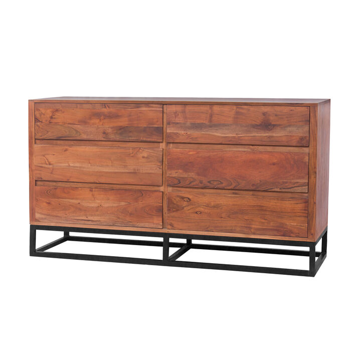 Modern Acacia Wood Dresser or Display Unit With Metal Base, Walnut Brown and Black