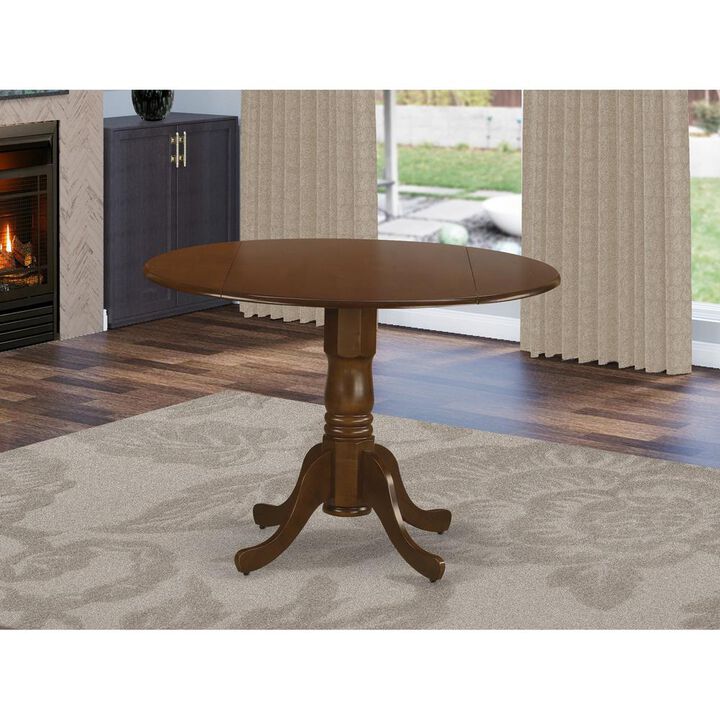 East West Furniture Dublin  Round  Table  with  two  9  Drop  Leaves  in  Saddle  Brown  Finish