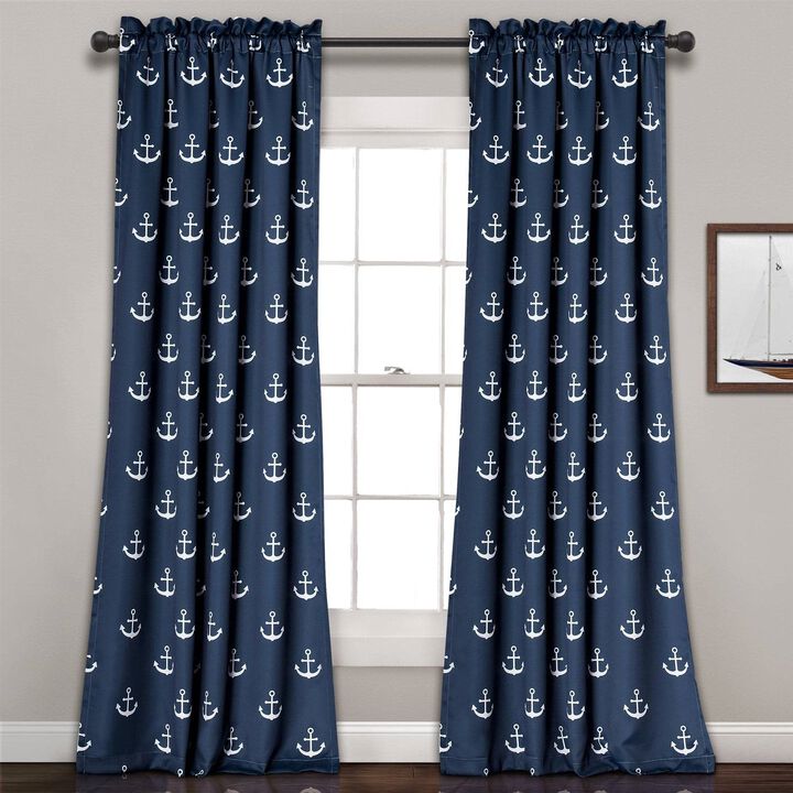 Nautical Anchor Print 2-Piece Window Curtains – Light Filtering Coastal Drapes