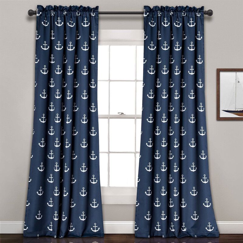 Nautical Anchor Print 2-Piece Window Curtains – Light Filtering Coastal Drapes