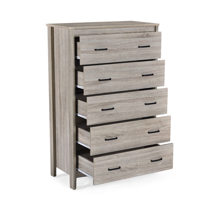 Sifa Tall Dresser Chest, 5 Drawers, Rustic Oak Gray MDF, Black Handles - Benzara