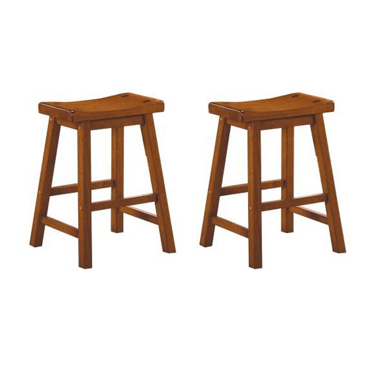 Wooden 24" Counter Height Stool with Saddle Seat, Oak Brown, Set Of 2-Benzara