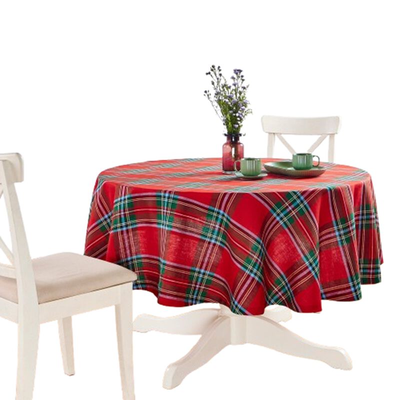 Solino Home 100% Pure Linen Round Tablecloth |Madras Holiday Plaid
