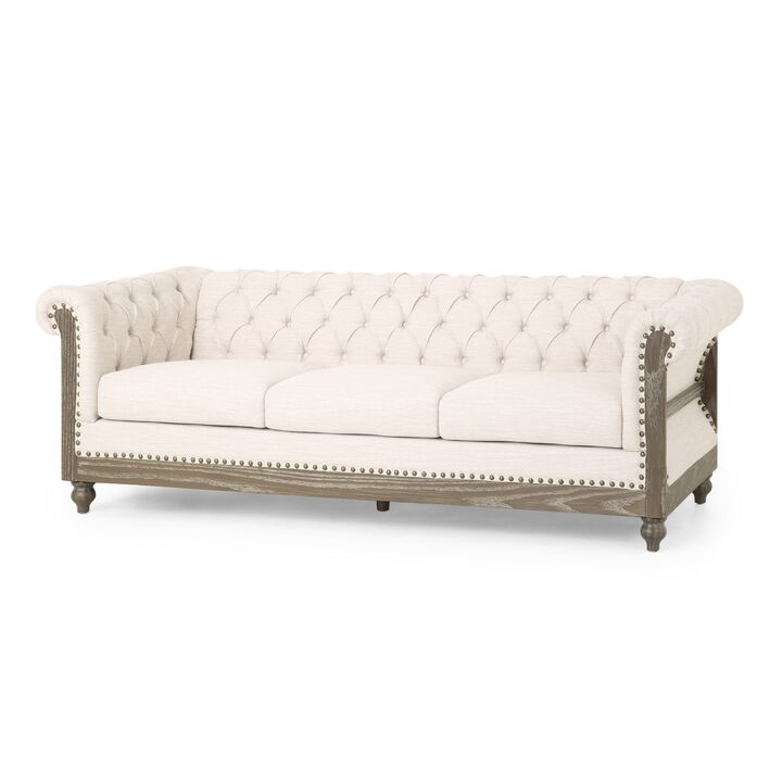 Ober Sofa, Rivets Chesterfield Button Tufted Beige,  Natural Brown