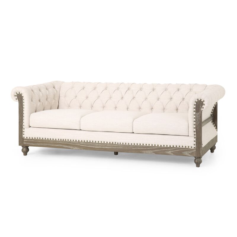 Ober Sofa, Rivets Chesterfield Button Tufted Beige,  Natural Brown
