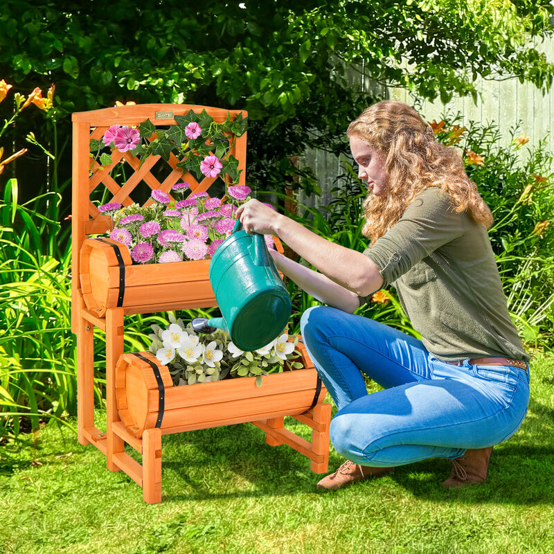2-Tier Raised Garden Bed with 2 Cylindrical Planter Boxes and Trellis-Orange