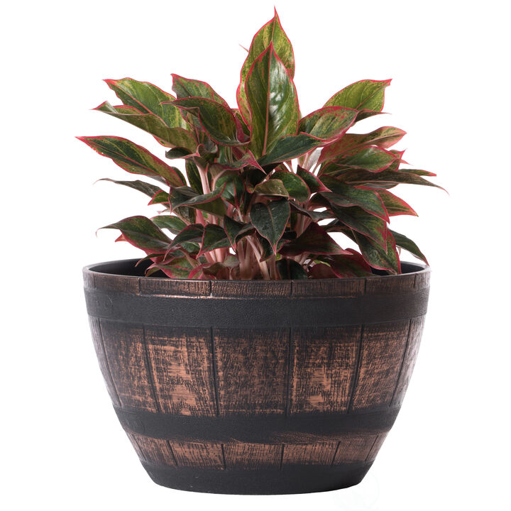 Brown Outdoor Rustic Half Barrel Flower Garden Planter Bowl, Plastic, Medium