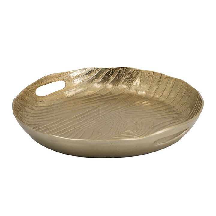 15 Inch Round Decorative Platter Tray, Sloped Rim, Texture Brass Gold  - Benzara