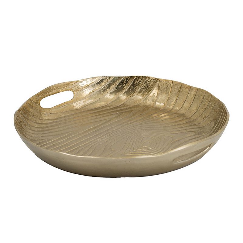 15 Inch Round Decorative Platter Tray, Sloped Rim, Texture Brass Gold  - Benzara