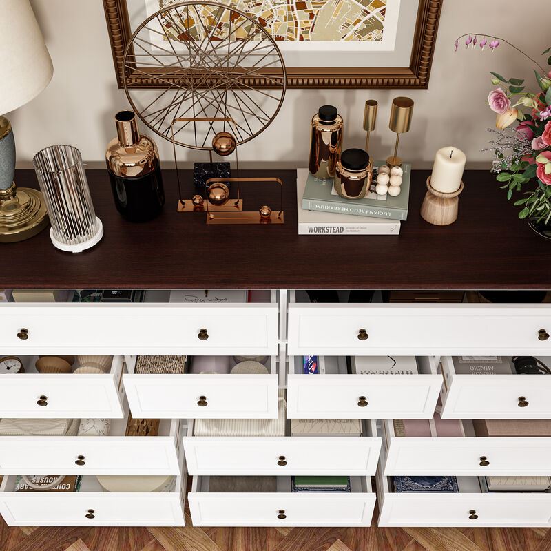 12-Drawer White Wood Dresser Storage Cabinet Vintage Style 31.5 in. H x 61 in. W x 15.7 in. D