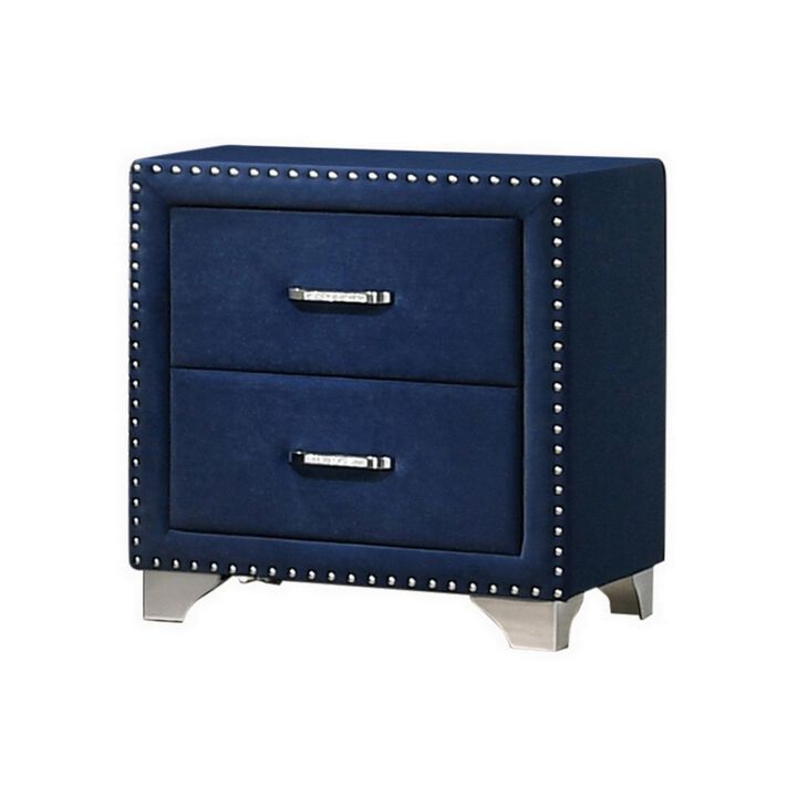 Cale 26 Inch Modern Wood Nightstand, Velvet Upholstered, Nailhead, Blue-Benzara