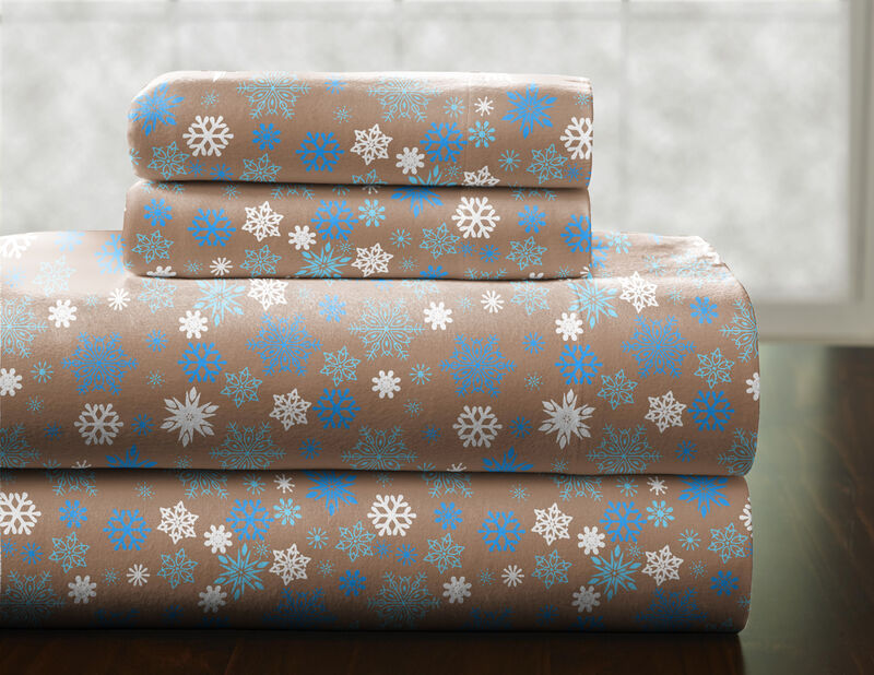 Pointehaven Heavy Weight 100% Cotton Snowflakes Brown Printed 170 GSM Flannel 4 pc Sheet Set, Full