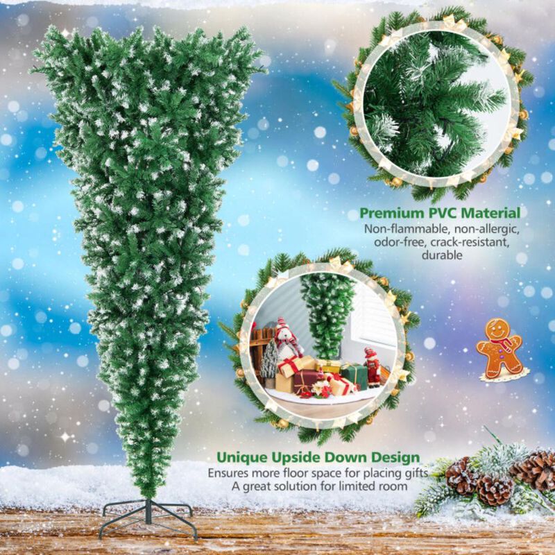 Hivvago 7.5 Feet Pre-Lit Snowy Upside Down Christmas Tree 1100 Tips