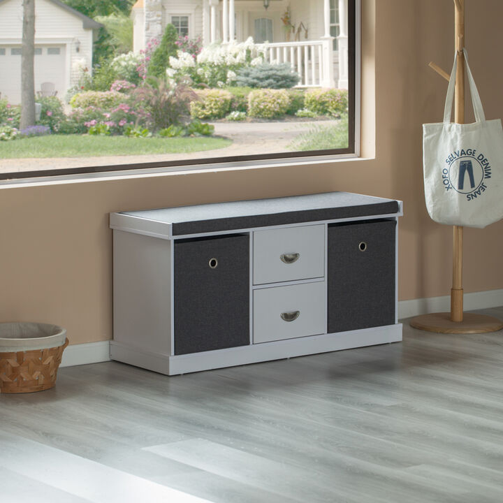 White Shoe Storage Bench with Wooden Frame, 2 Drawers, Foldable Baskets, and Comfortable Gray Cushion for Entryway, Hallway, or Bedroom Organization