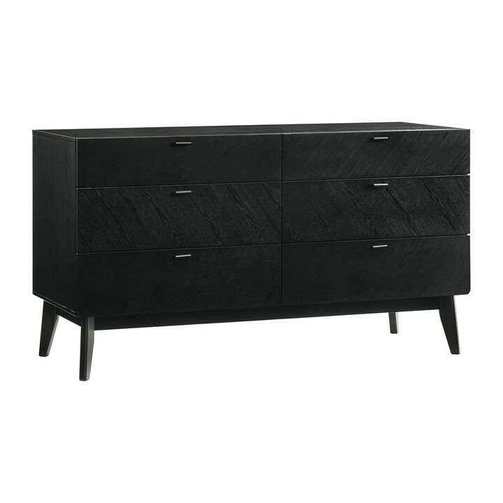 Saly 55 Inch Wide Dresser, 6 Drawer, Diagonal Wood Grain, Black Finish - Benzara