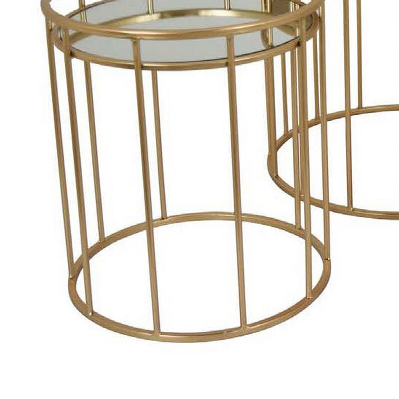 20 Inch Plant Stand Table Set of 3, Gold Metal Frame, Mirror Tray Top - Benzara